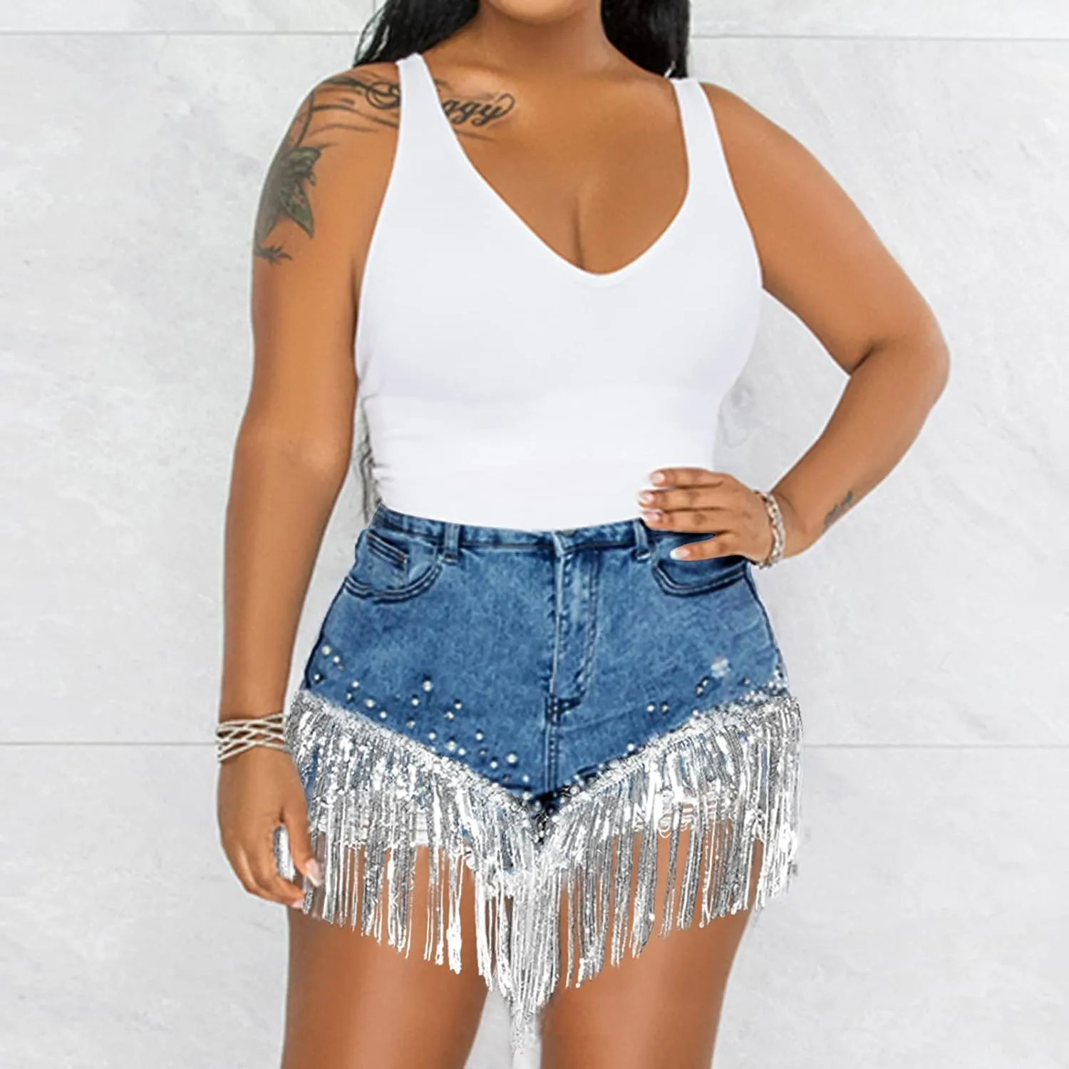 LifeShe Women Denim Short Rhinestone Pearl Beaded Fringe Tassel Jean Shorts