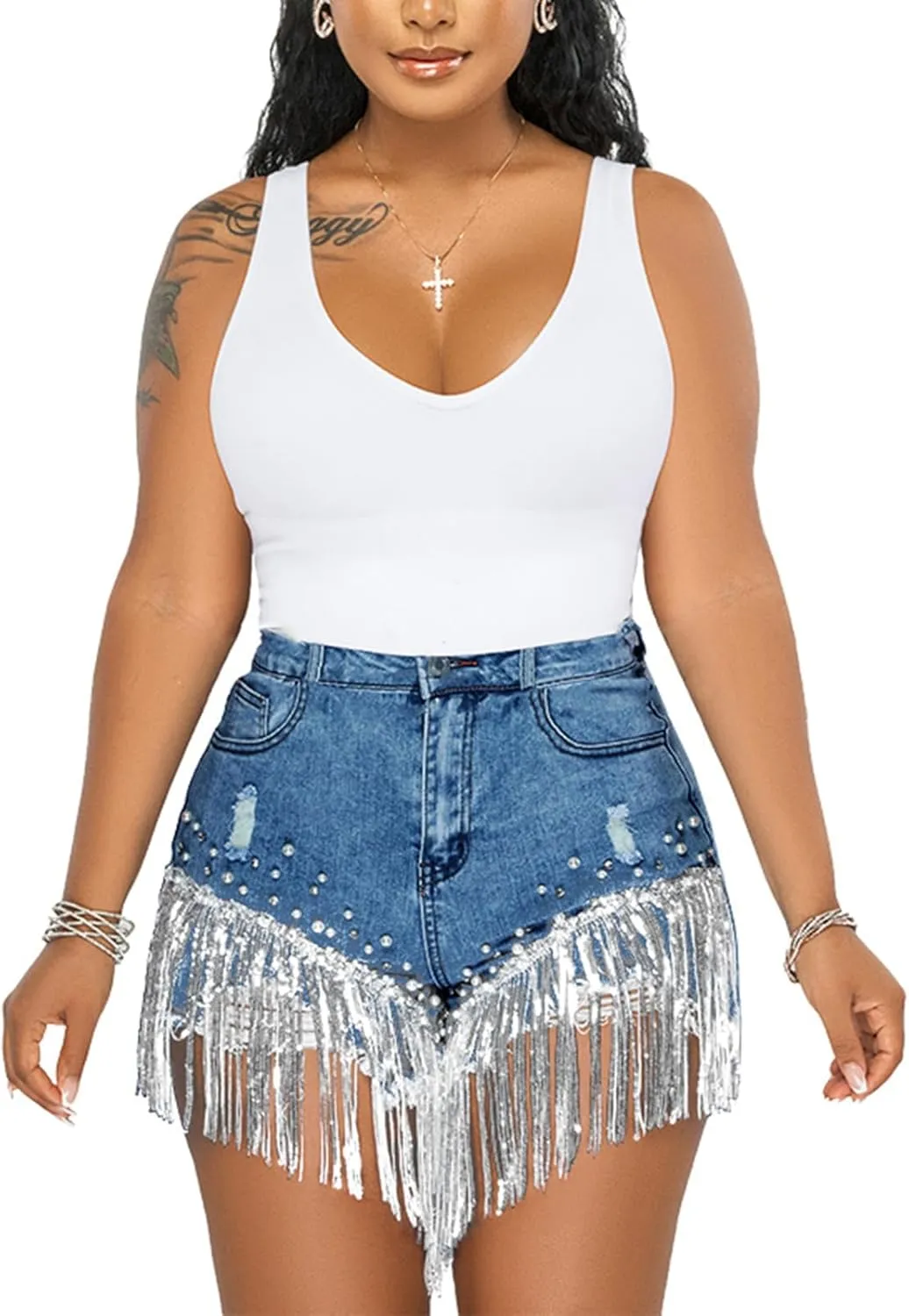 LifeShe Women Denim Short Rhinestone Pearl Beaded Fringe Tassel Jean Shorts
