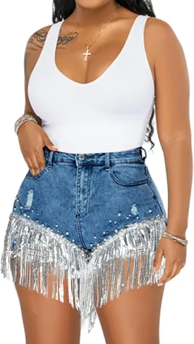 LifeShe Women Denim Short Rhinestone Pearl Beaded Fringe Tassel Jean Shorts