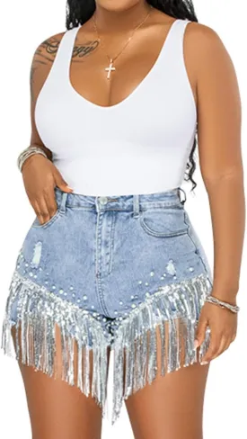 LifeShe Women Denim Short Rhinestone Pearl Beaded Fringe Tassel Jean Shorts