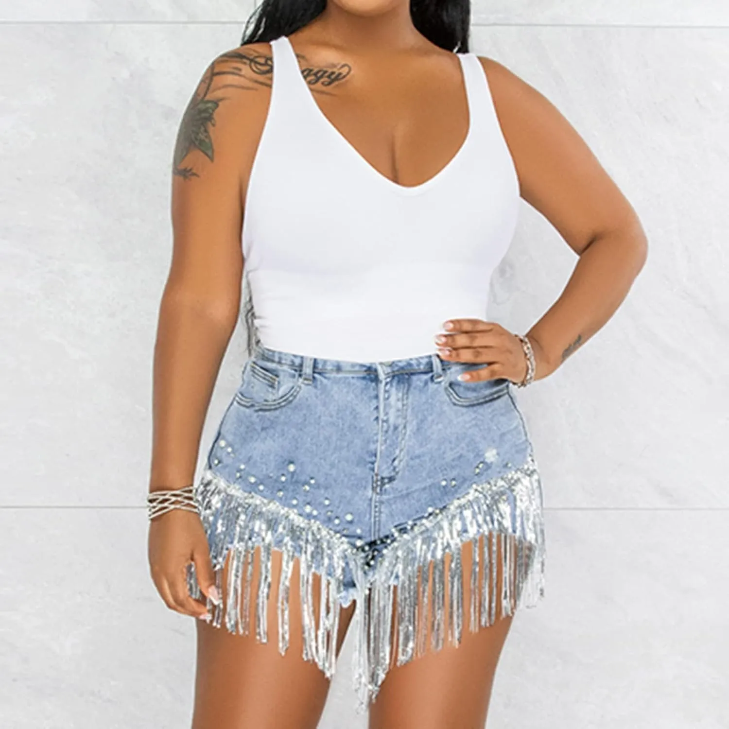 LifeShe Women Denim Short Rhinestone Pearl Beaded Fringe Tassel Jean Shorts
