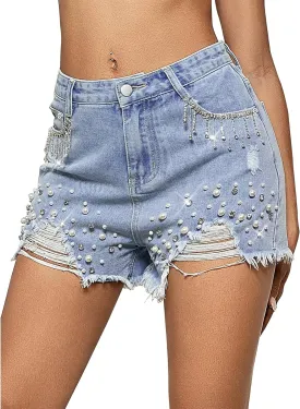 LifeShe Women Denim Short Rhinestone Tassel Jean Short Pearl Beaded Frayed Raw Hem Jean Shorts