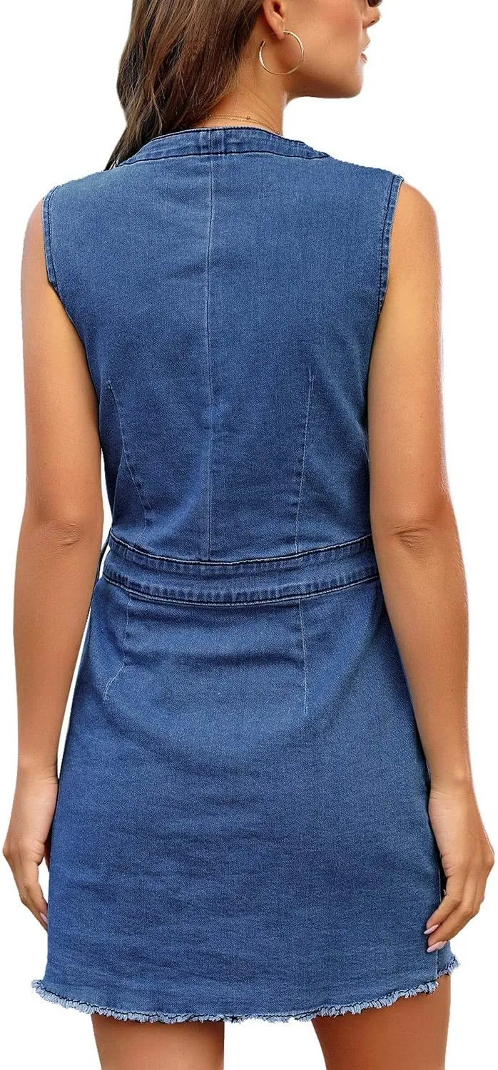LookbookStore Women Sleeveless V Neck Button Down Frayed Hem Short Denim Dress