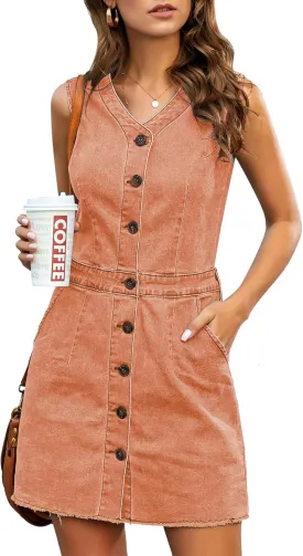 LookbookStore Women Sleeveless V Neck Button Down Frayed Hem Short Denim Dress