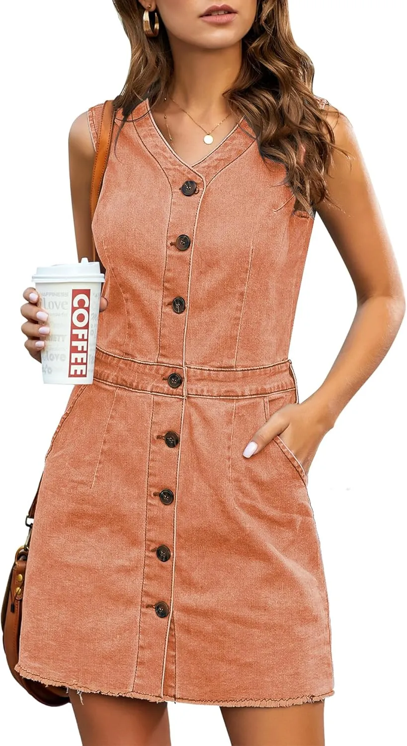 LookbookStore Women Sleeveless V Neck Button Down Frayed Hem Short Denim Dress
