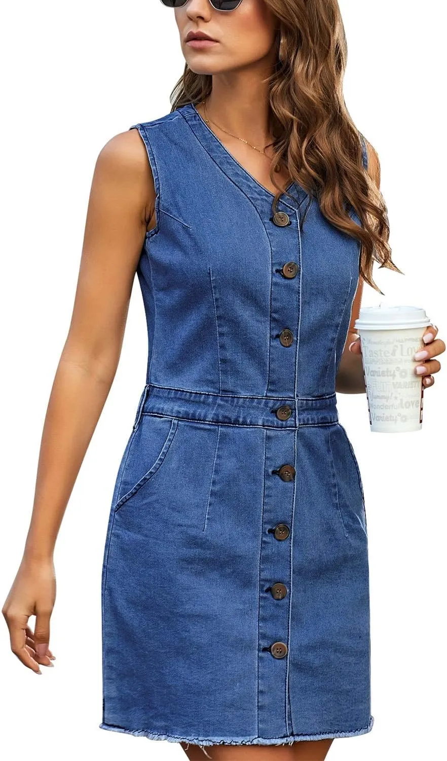LookbookStore Women Sleeveless V Neck Button Down Frayed Hem Short Denim Dress