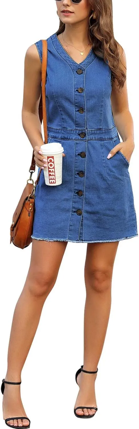 LookbookStore Women Sleeveless V Neck Button Down Frayed Hem Short Denim Dress