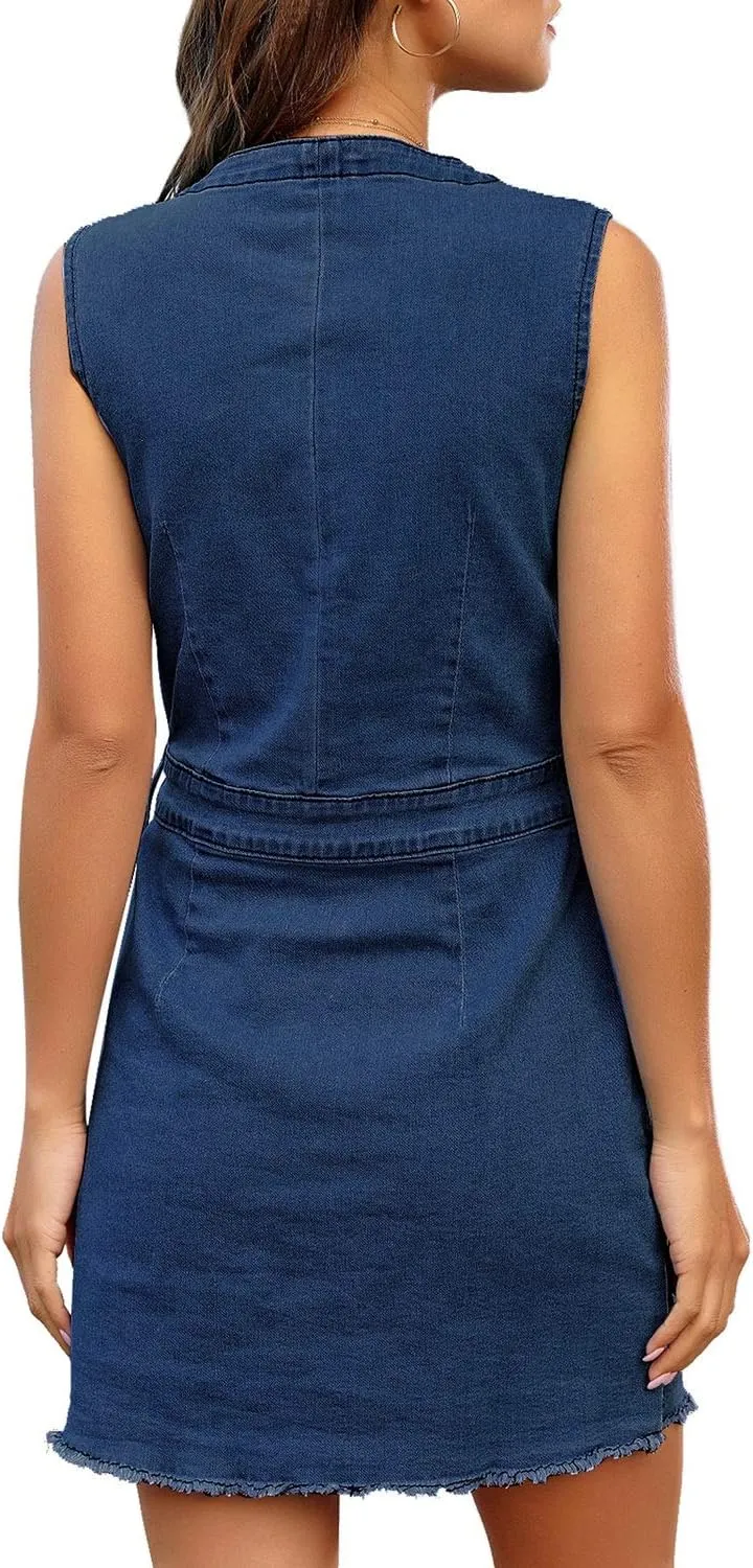 LookbookStore Women Sleeveless V Neck Button Down Frayed Hem Short Denim Dress
