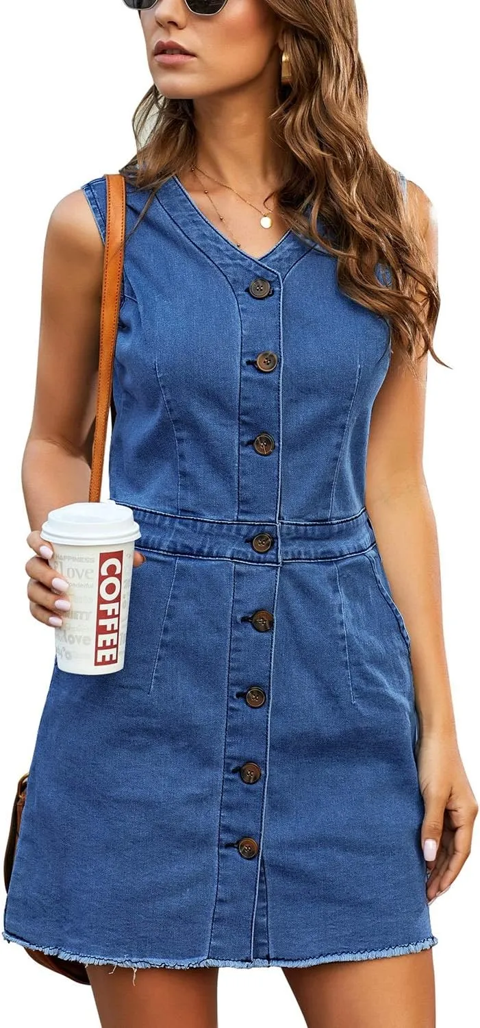 LookbookStore Women Sleeveless V Neck Button Down Frayed Hem Short Denim Dress