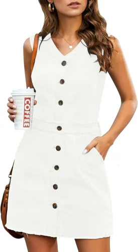 LookbookStore Women Sleeveless V Neck Button Down Frayed Hem Short Denim Dress