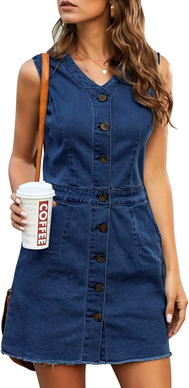 LookbookStore Women Sleeveless V Neck Button Down Frayed Hem Short Denim Dress