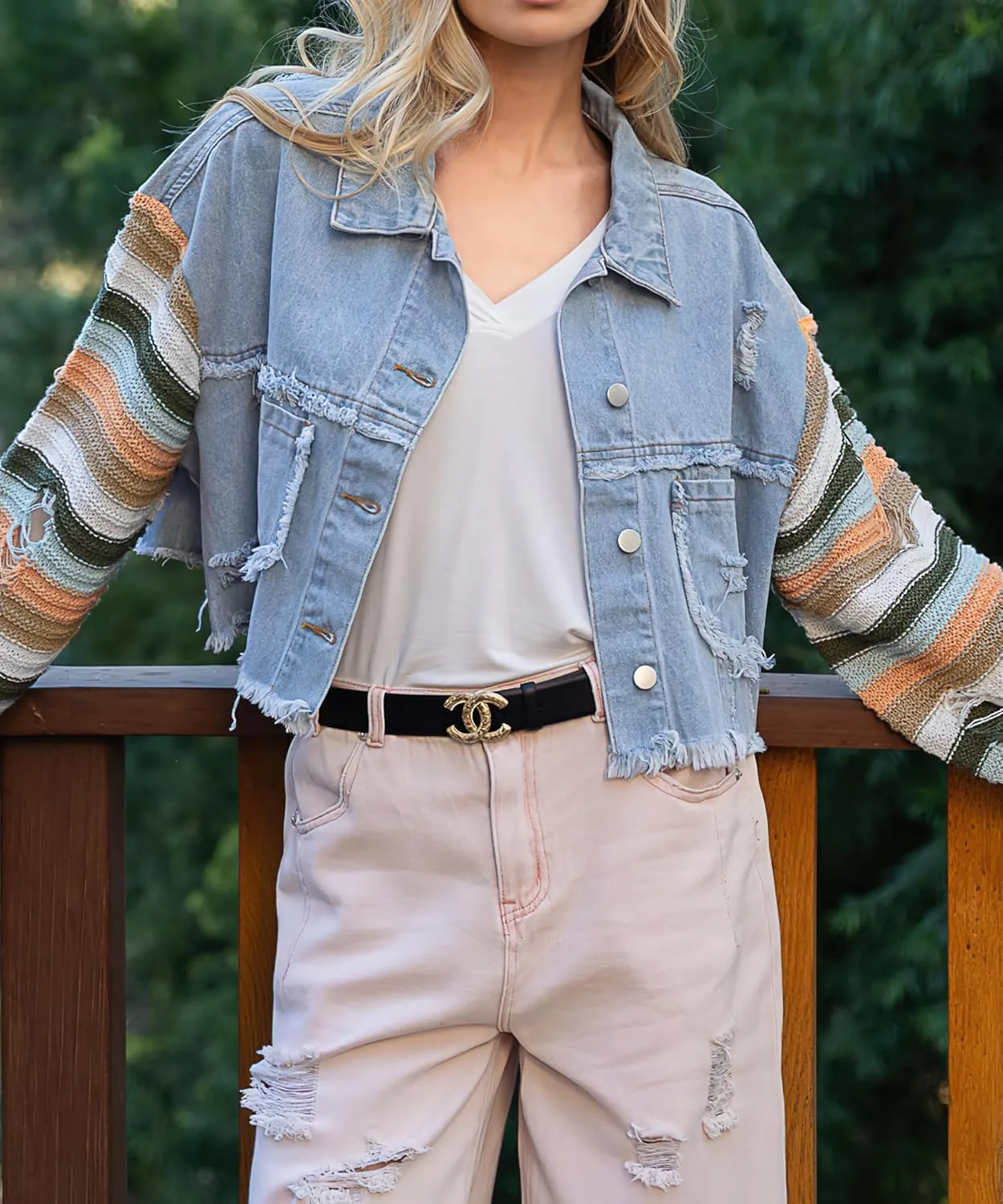 loveimgs Women's Patchwork Rainbow Long Sleeve Denim Jacket Cropped Frayed Hem Distressed Jean Shacket Coat