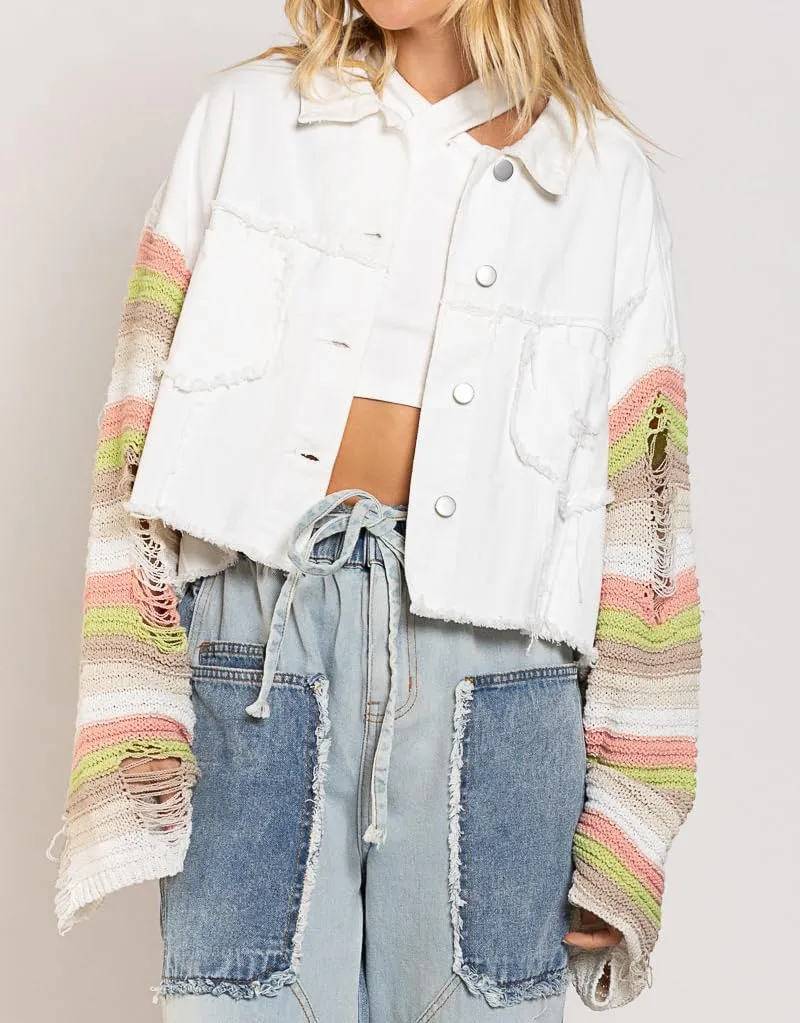 loveimgs Women's Patchwork Rainbow Long Sleeve Denim Jacket Cropped Frayed Hem Distressed Jean Shacket Coat