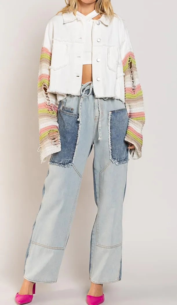 loveimgs Women's Patchwork Rainbow Long Sleeve Denim Jacket Cropped Frayed Hem Distressed Jean Shacket Coat