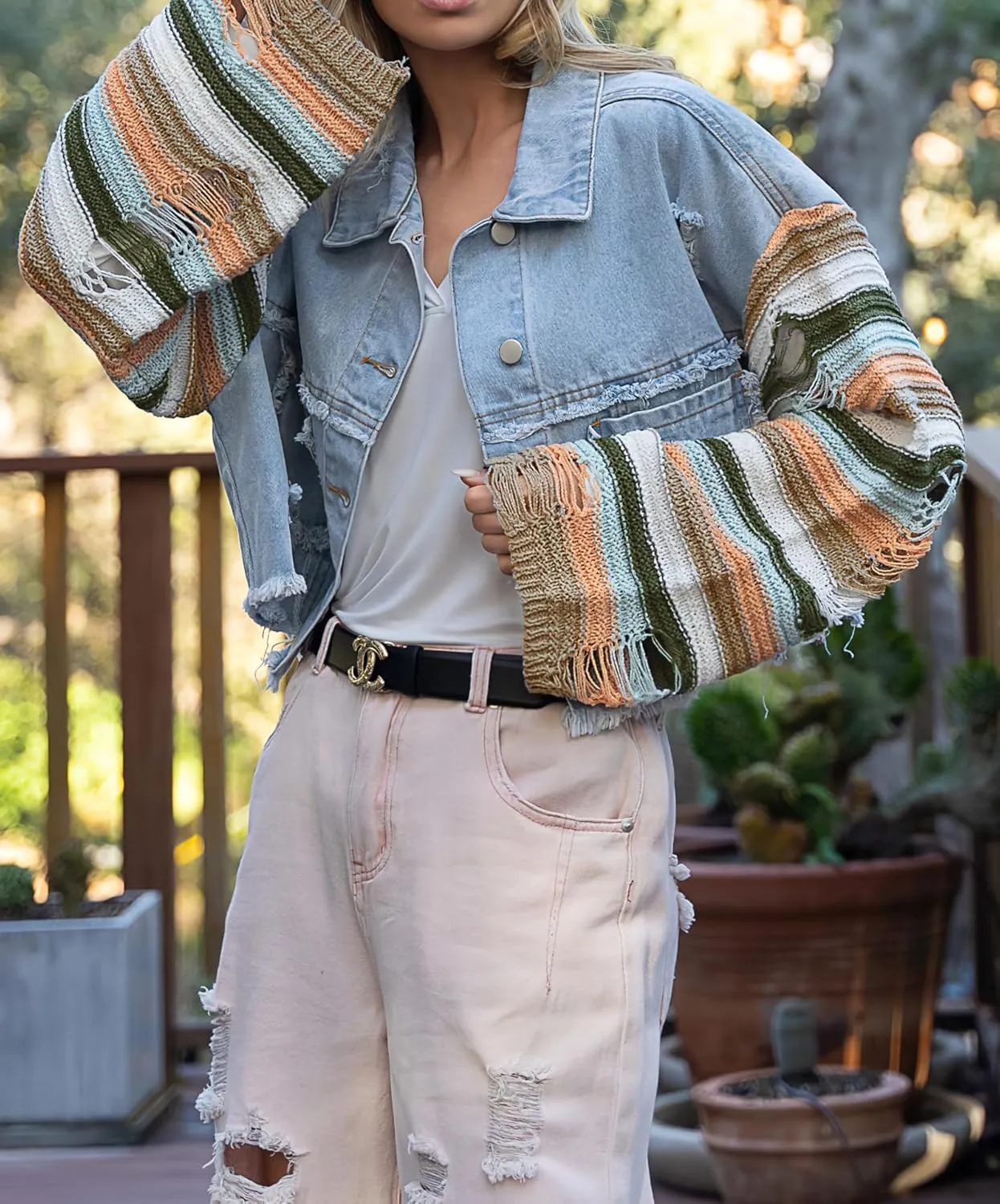 loveimgs Women's Patchwork Rainbow Long Sleeve Denim Jacket Cropped Frayed Hem Distressed Jean Shacket Coat