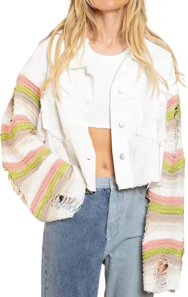 loveimgs Women's Patchwork Rainbow Long Sleeve Denim Jacket Cropped Frayed Hem Distressed Jean Shacket Coat