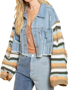 loveimgs Women's Patchwork Rainbow Long Sleeve Denim Jacket Cropped Frayed Hem Distressed Jean Shacket Coat