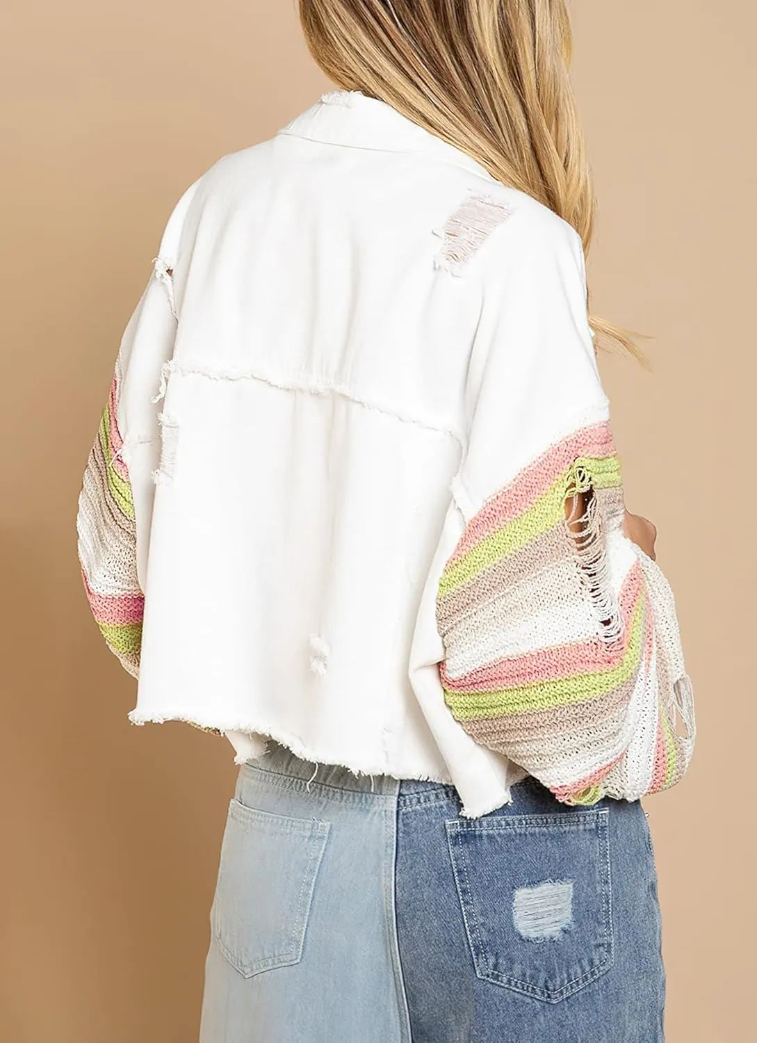 loveimgs Women's Patchwork Rainbow Long Sleeve Denim Jacket Cropped Frayed Hem Distressed Jean Shacket Coat