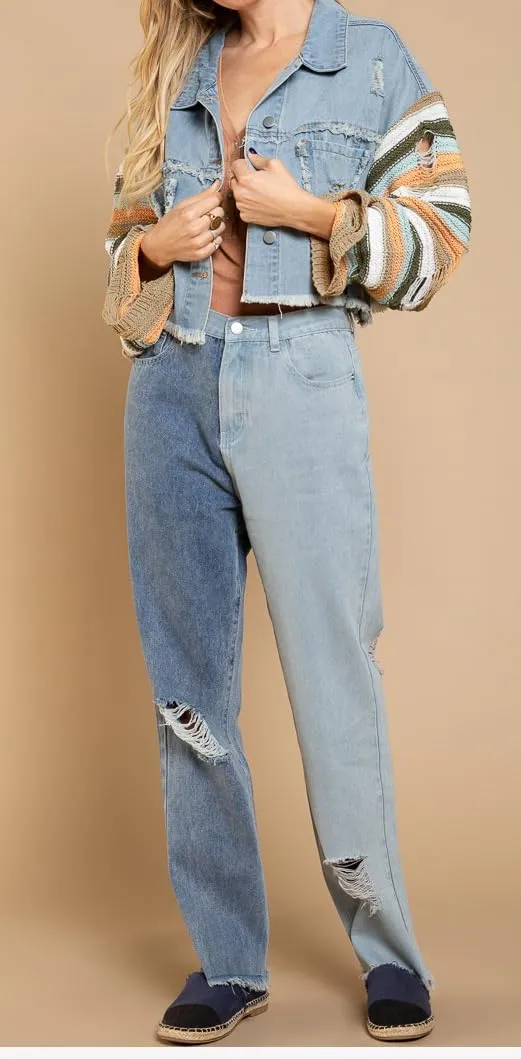 loveimgs Women's Patchwork Rainbow Long Sleeve Denim Jacket Cropped Frayed Hem Distressed Jean Shacket Coat