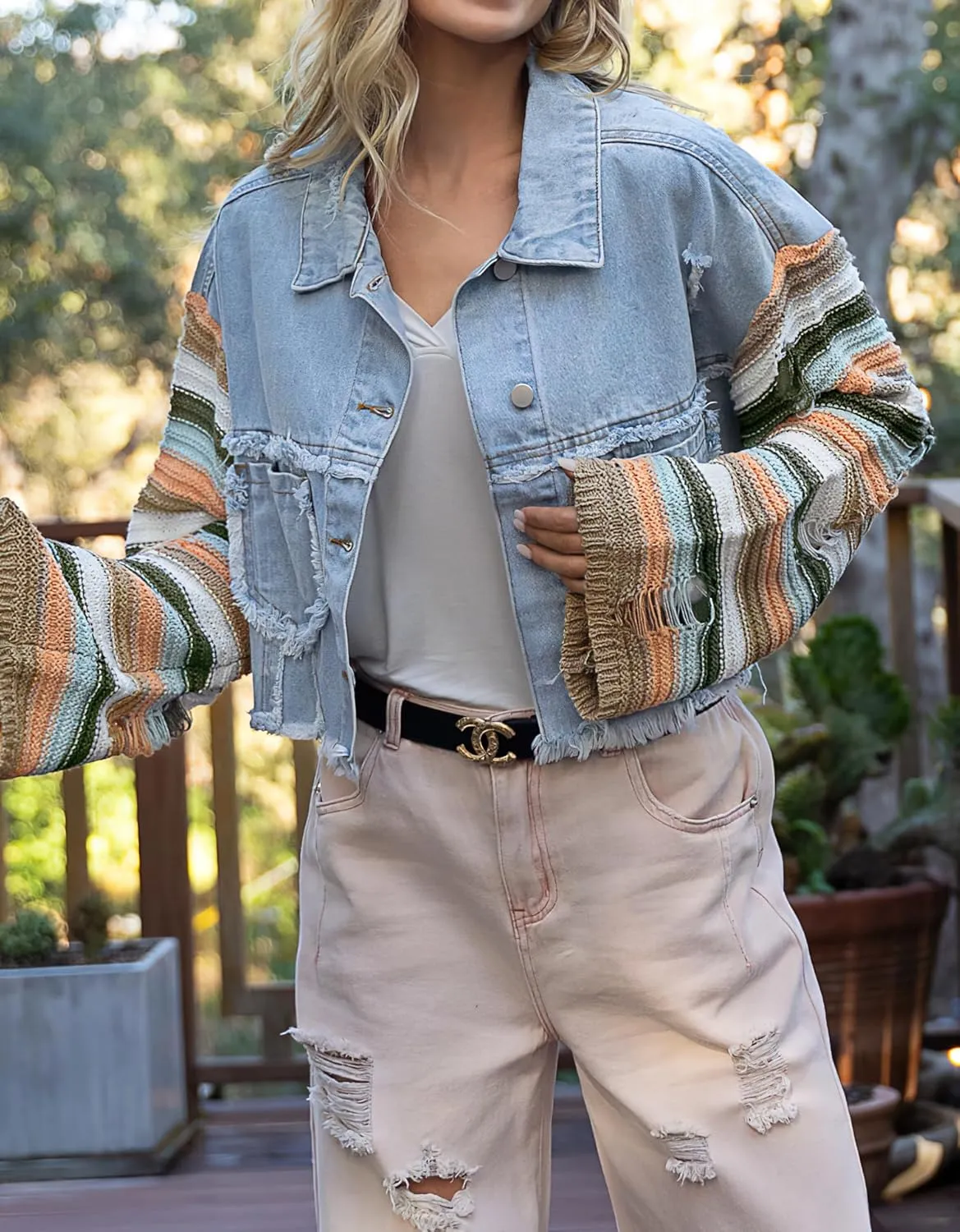 loveimgs Women's Patchwork Rainbow Long Sleeve Denim Jacket Cropped Frayed Hem Distressed Jean Shacket Coat