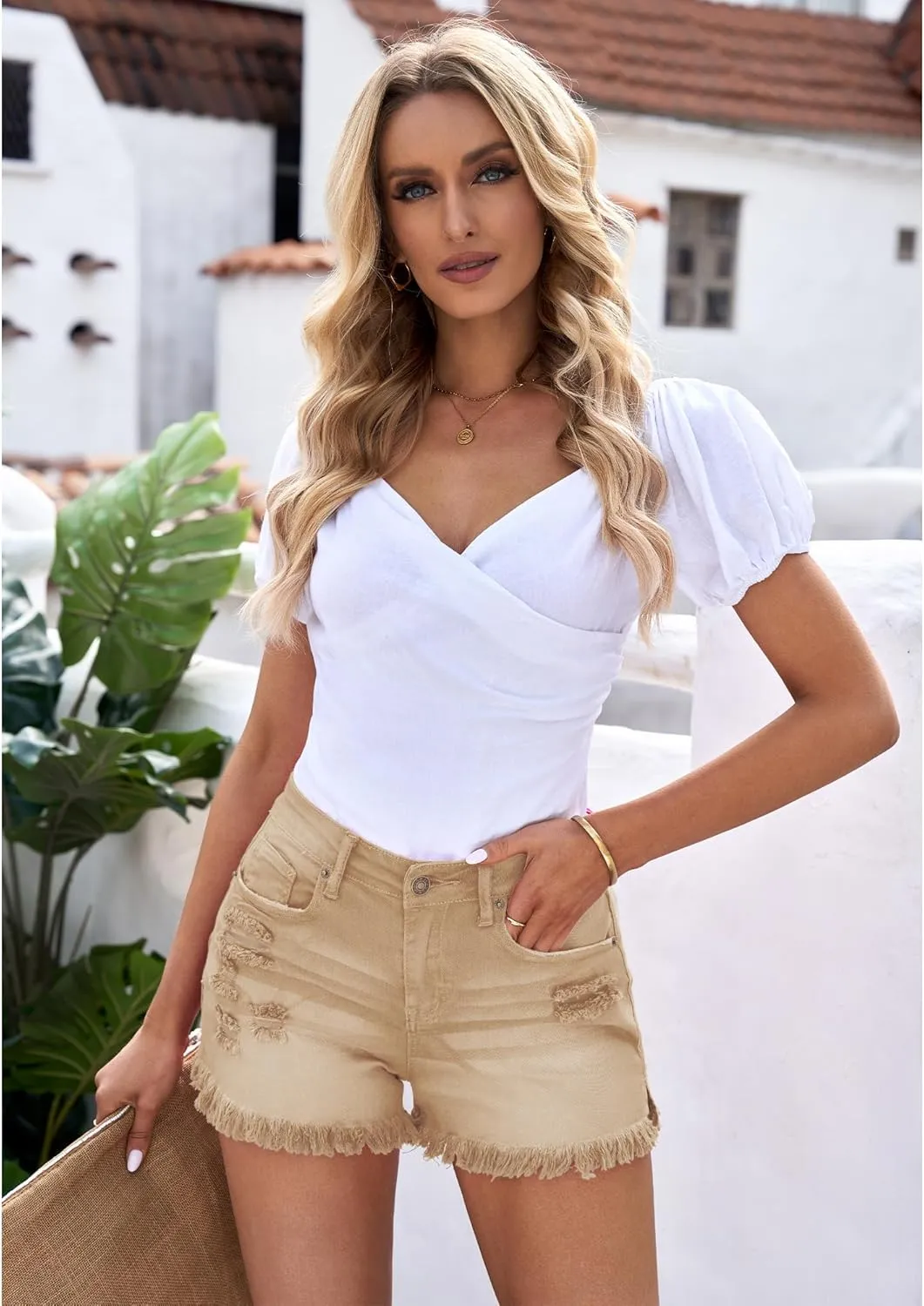 luvamia Women Casual High Waisted Denim Shorts Frayed Raw Hem Ripped Jeans Shorts