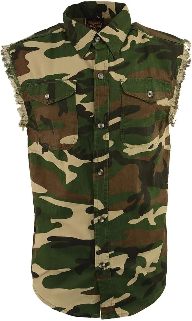 Milwaukee Leather DM4010 Men's Camo Lightweight Denim Shirt with Vintage and Frayed Sleeveless Look - Small