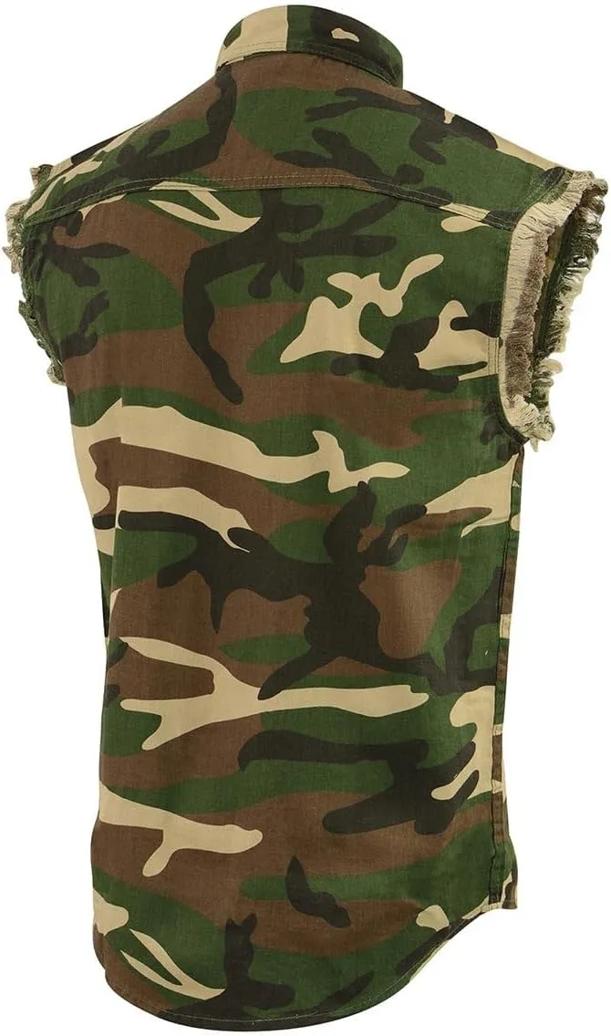 Milwaukee Leather DM4010 Men's Camo Lightweight Denim Shirt with Vintage and Frayed Sleeveless Look - Small