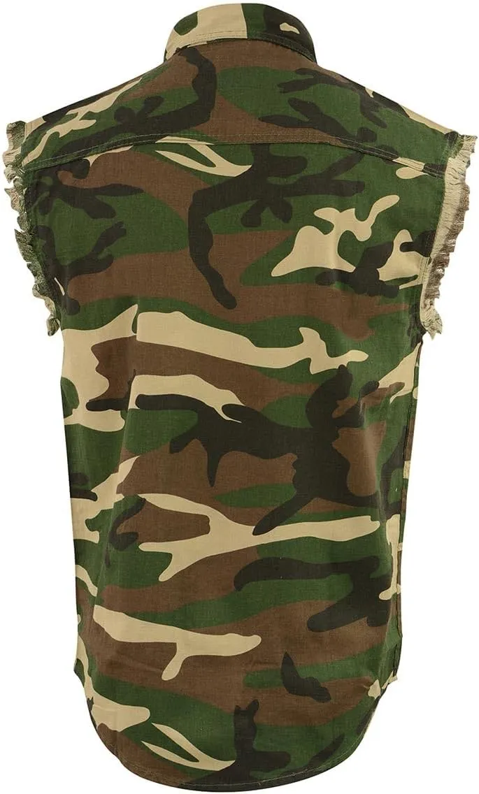 Milwaukee Leather DM4010 Men's Camo Lightweight Denim Shirt with Vintage and Frayed Sleeveless Look - Small