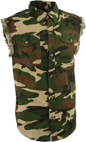 Milwaukee Leather DM4010 Men's Camo Lightweight Denim Shirt with Vintage and Frayed Sleeveless Look - Small