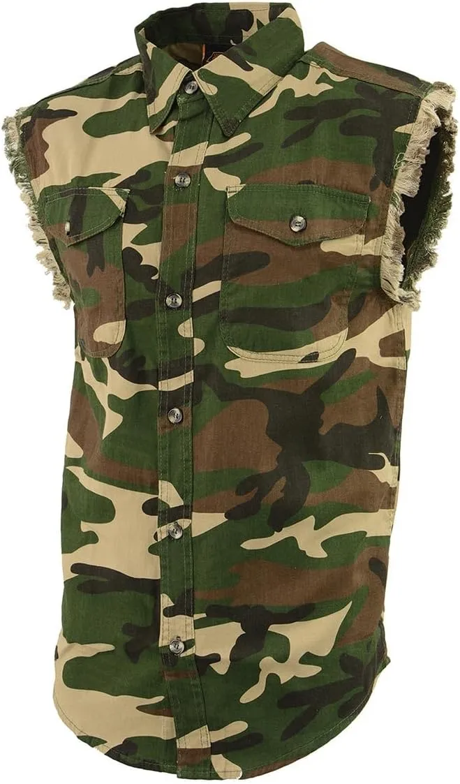 Milwaukee Leather DM4010 Men's Camo Lightweight Denim Shirt with Vintage and Frayed Sleeveless Look - Small