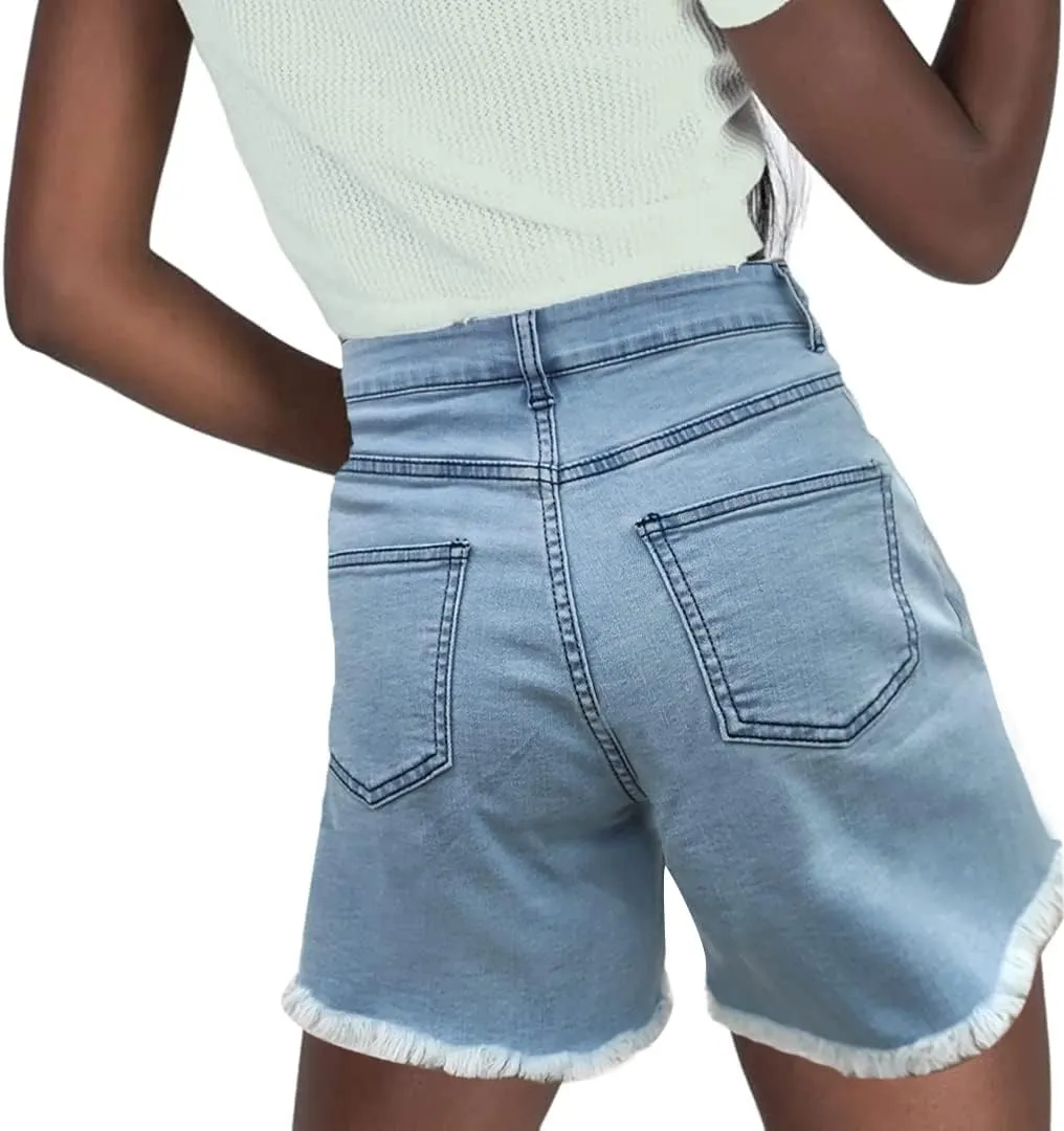 NEYOUQE Women's Casual Fashion Denim Shorts High Waisted Ripped Short Jeans Stretchy Drawstring Elastic Waist Jean 2025