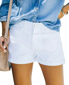 onlypuff Women's Ripped Mid Waisted Denim Shorts with Pockets