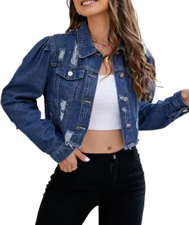 PAODIKUAI Women's Casual Puff Sleeve Frayed Slim Cropped Denim Jean Jacket