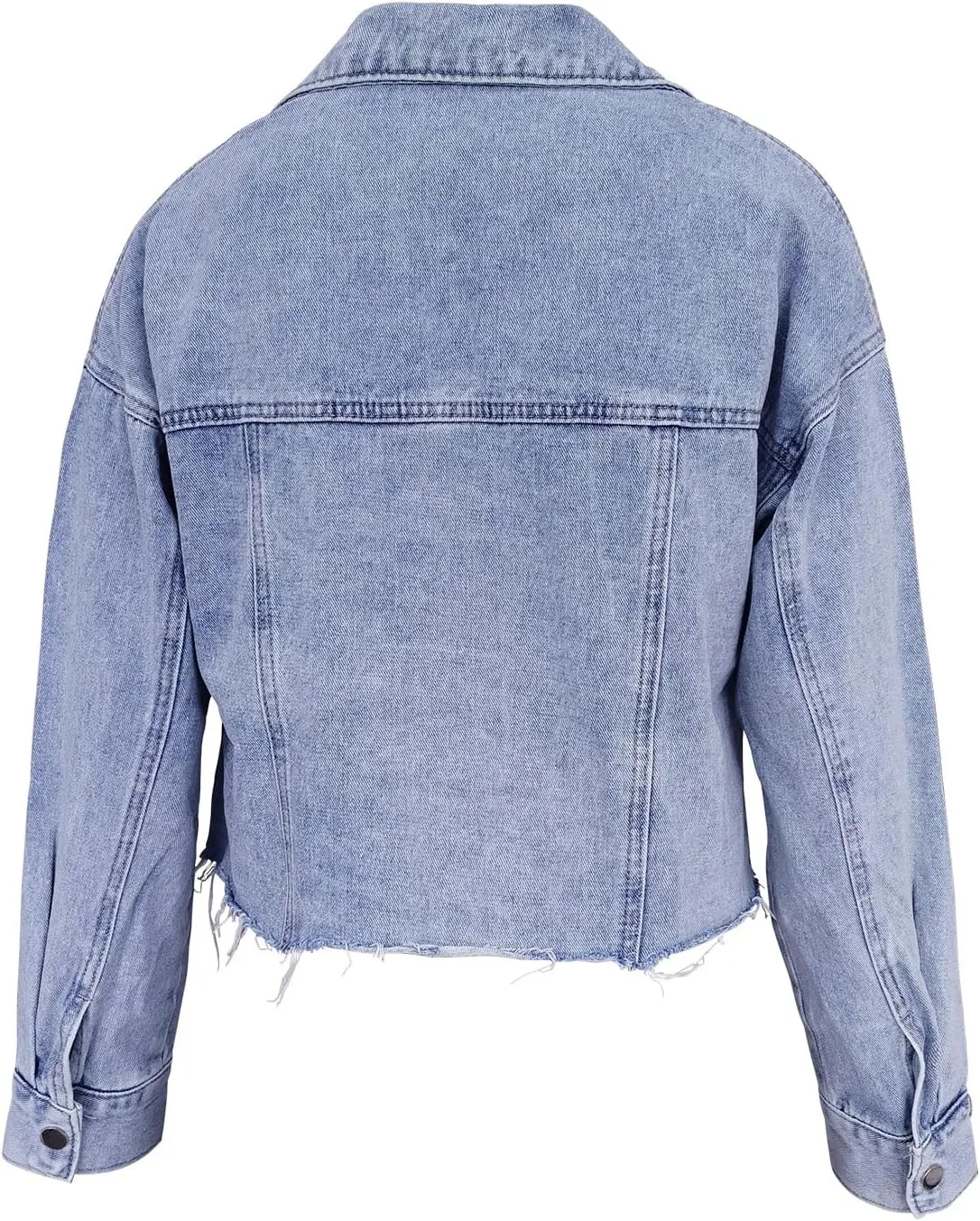 Perbai Womens Casual Notched Lapel Frayed Raw Hem Cropped Jean Jacket Denim Shacket