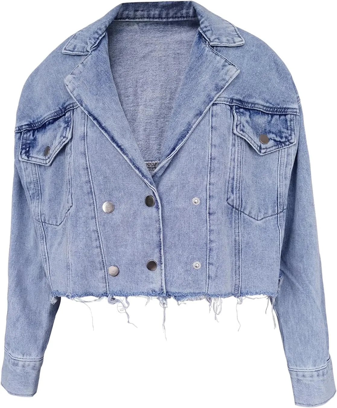 Perbai Womens Casual Notched Lapel Frayed Raw Hem Cropped Jean Jacket Denim Shacket