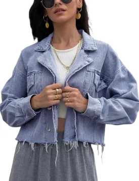 Perbai Womens Casual Notched Lapel Frayed Raw Hem Cropped Jean Jacket Denim Shacket