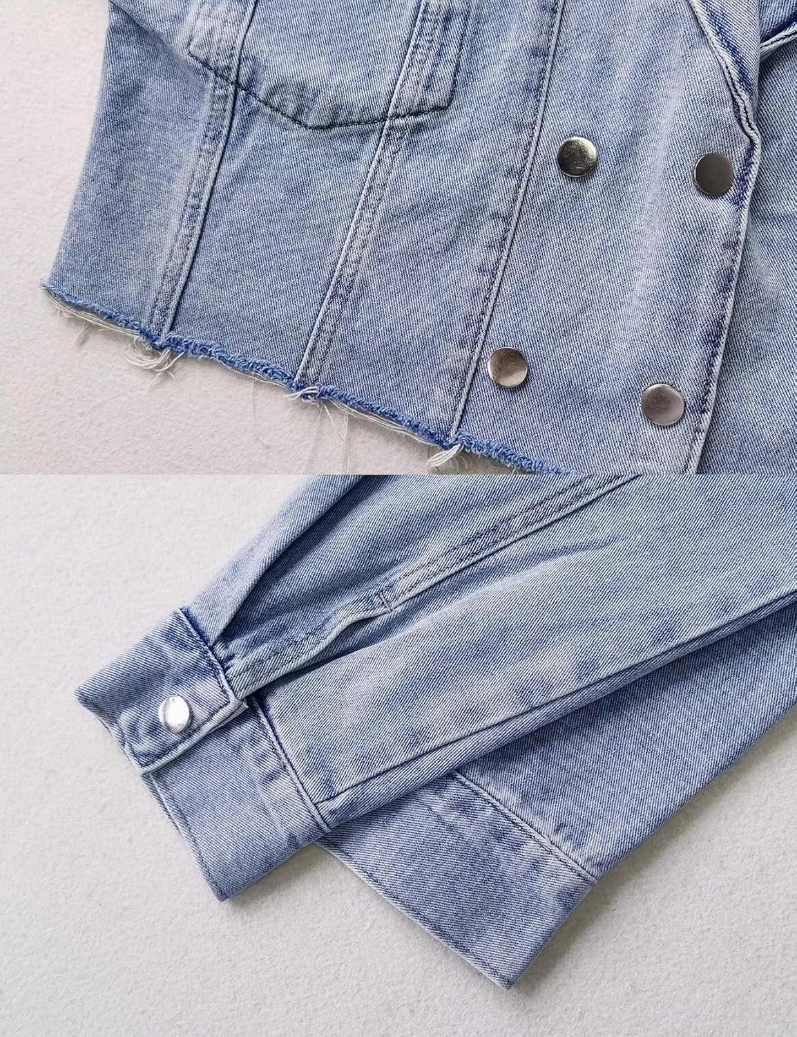 Perbai Womens Casual Notched Lapel Frayed Raw Hem Cropped Jean Jacket Denim Shacket