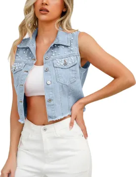 Perbai Womens Cropped Denim Vest Frayed Raw Hem Pearls Beading Sleeveless Jean Jacket Waistcoat