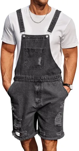 Runcati Mens Denim Shorts Bib Overall Loose Fit Ripped Jeans Adjustable Straps Summer Workwear Jumpsuit