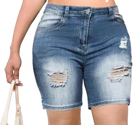 SeNight Women's Denim Shorts High Waisted Frayed Raw Hem Ripped Short Jeans