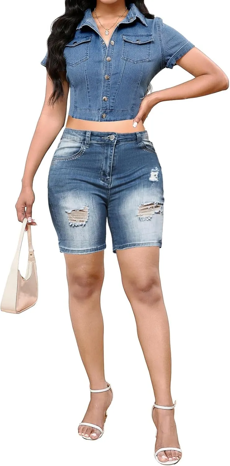 SeNight Women's Denim Shorts High Waisted Frayed Raw Hem Ripped Short Jeans