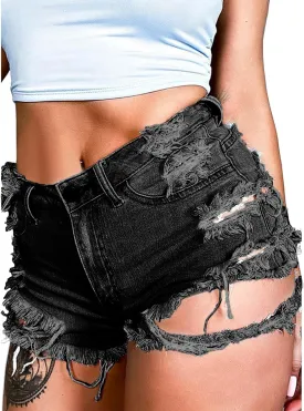 Susupeng Women Summer Irregular Waist Jean Shorts with Pockets Frayed Ripped Holes Cute Sexy Hot Mini Denim Shorts