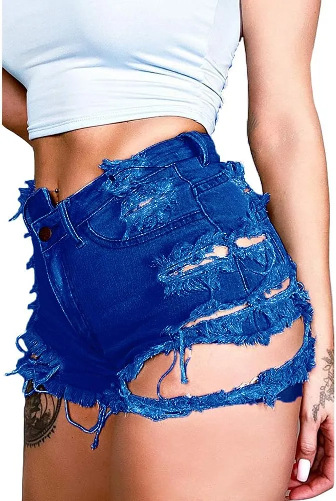Susupeng Women Summer Irregular Waist Jean Shorts with Pockets Frayed Ripped Holes Cute Sexy Hot Mini Denim Shorts