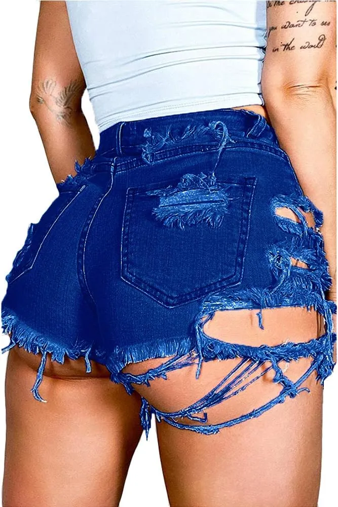 Susupeng Women Summer Irregular Waist Jean Shorts with Pockets Frayed Ripped Holes Cute Sexy Hot Mini Denim Shorts