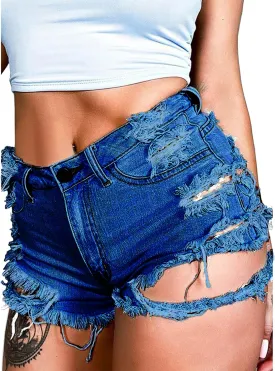 Susupeng Women Summer Irregular Waist Jean Shorts with Pockets Frayed Ripped Holes Cute Sexy Hot Mini Denim Shorts