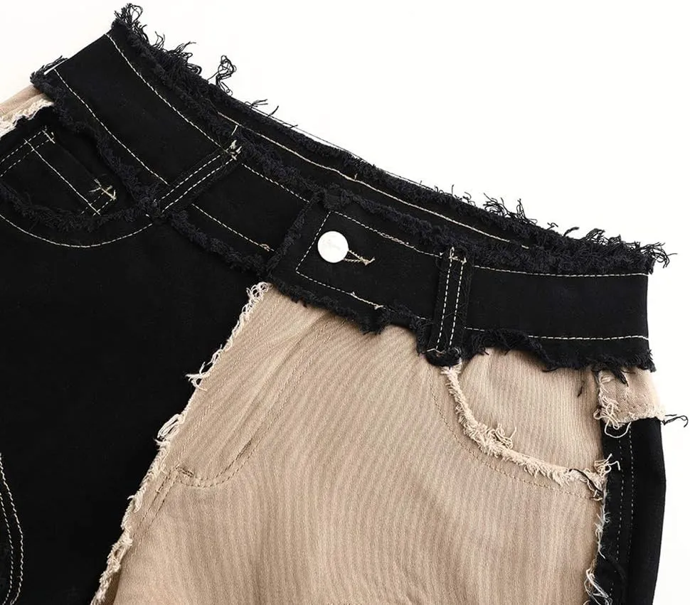 THUNDER STAR Womens Mid Rise Stretchy Patchwork Jeans Shorts Raw Frayed Hem Casual Denim Shorts