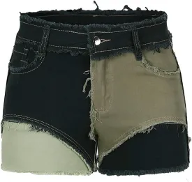 THUNDER STAR Womens Mid Rise Stretchy Patchwork Jeans Shorts Raw Frayed Hem Casual Denim Shorts