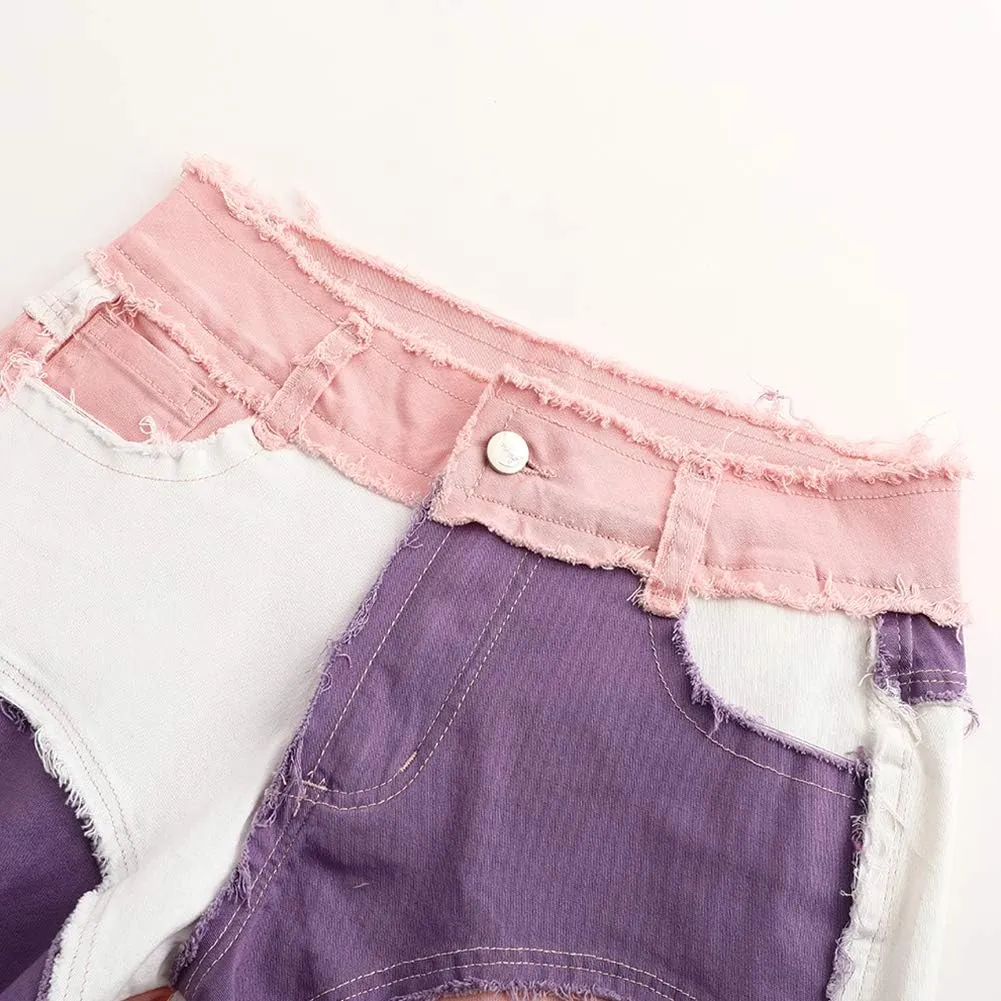 THUNDER STAR Womens Mid Rise Stretchy Patchwork Jeans Shorts Raw Frayed Hem Casual Denim Shorts