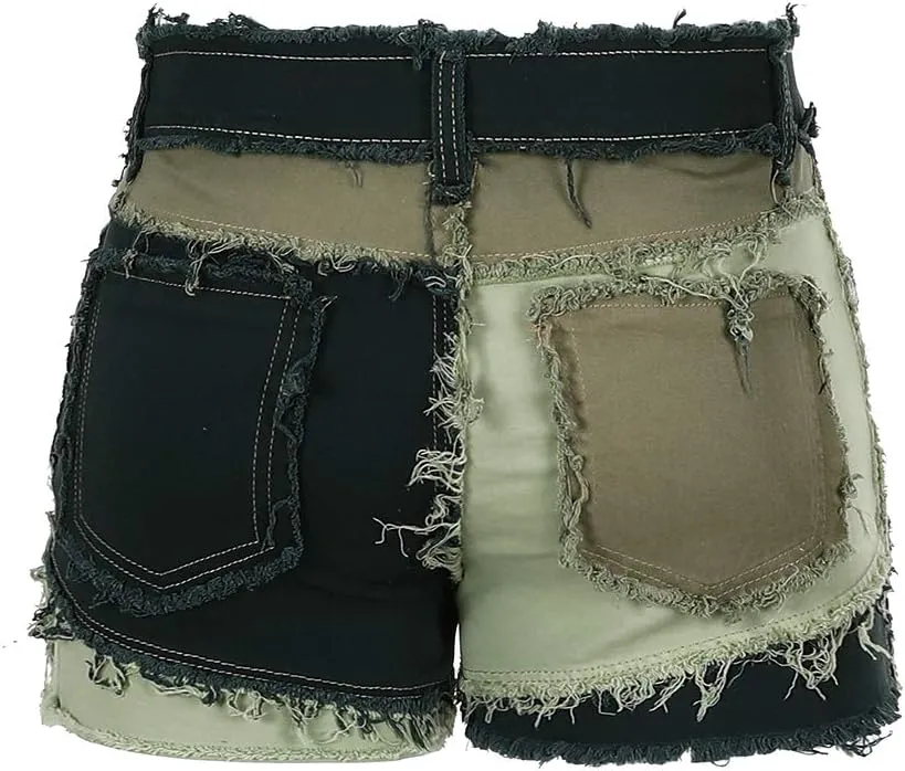 THUNDER STAR Womens Mid Rise Stretchy Patchwork Jeans Shorts Raw Frayed Hem Casual Denim Shorts