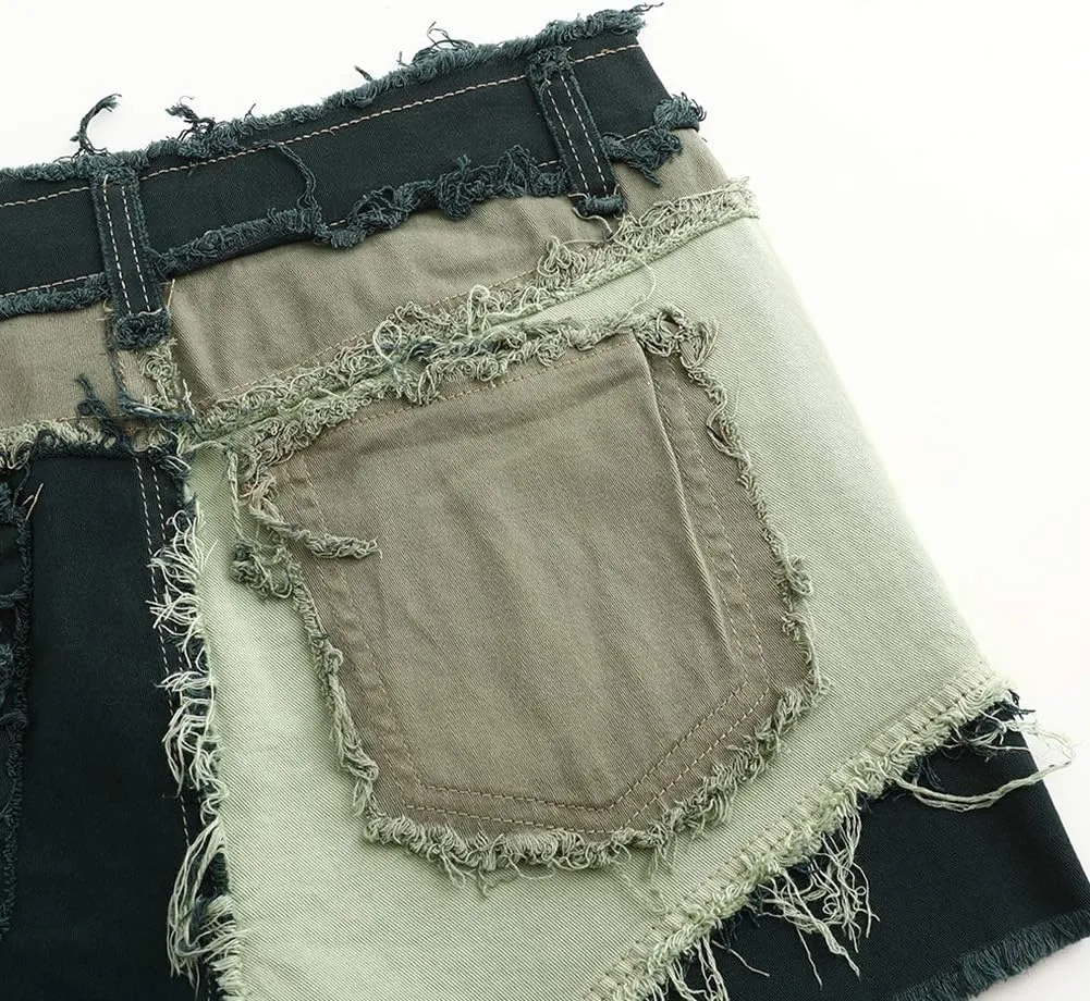 THUNDER STAR Womens Mid Rise Stretchy Patchwork Jeans Shorts Raw Frayed Hem Casual Denim Shorts